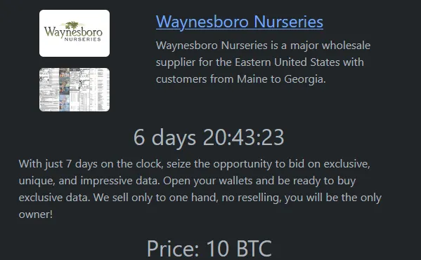 Rhysida Ransomware Claims Waynesboro Nurseries