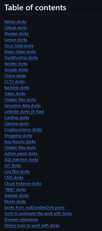 Dorks Collections List - A List of Github Repositories and Articles with List of Dorks for Different Search Engines