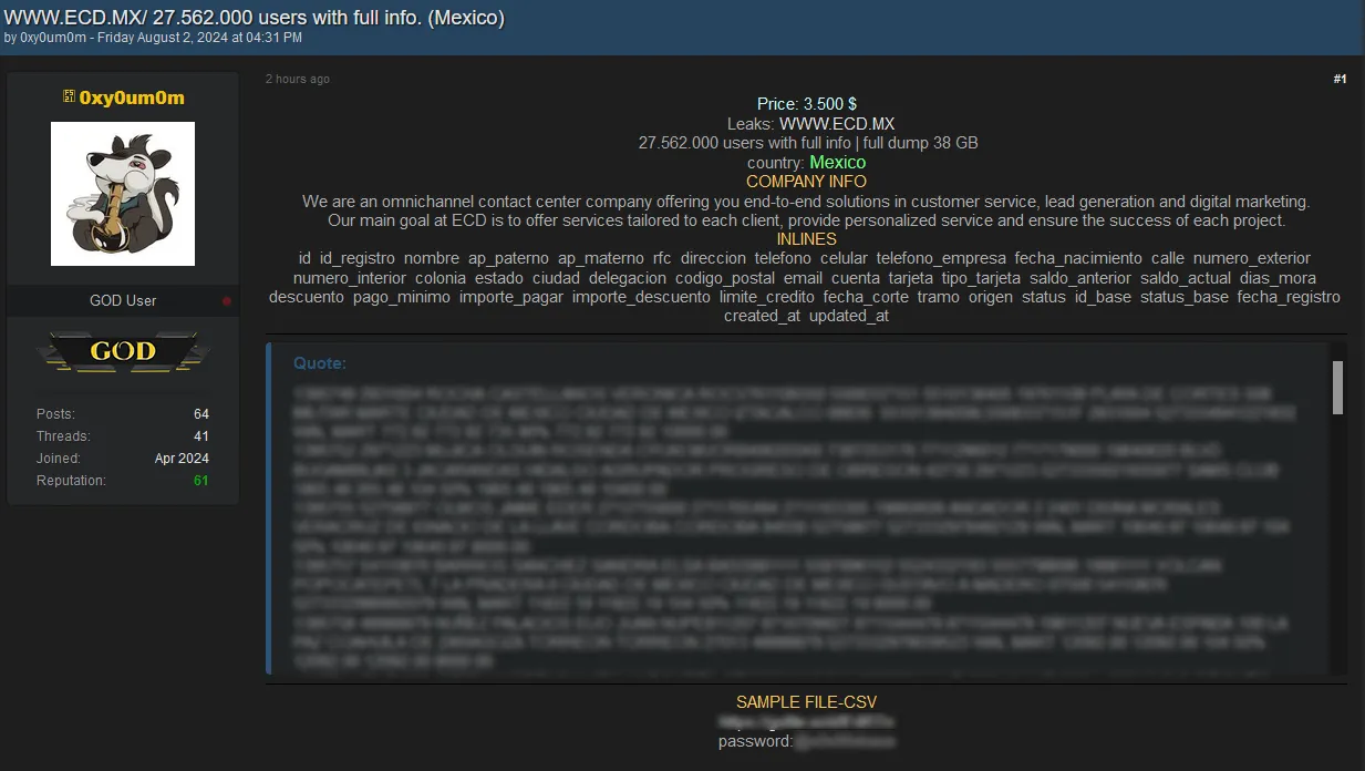 A Threat Actor is Selling 27,562,000 users belonging to Especialistas Contacto Directo (ECD)