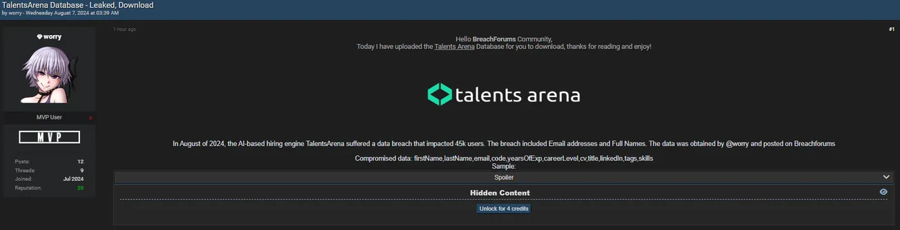 A Threat Actor Has Allegedly Leaked a Database to Talents Arena