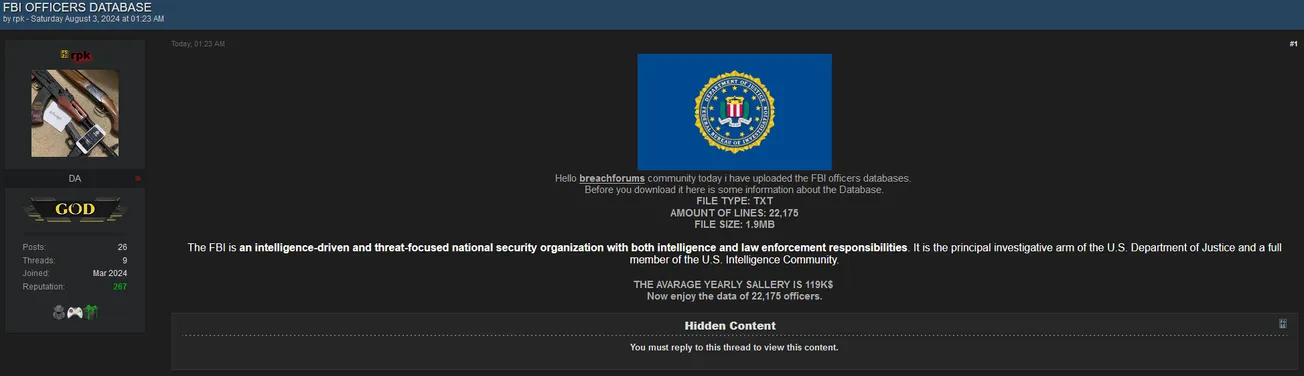 A Threat Actor Has Allegedly Leaked Data Belonging to FBI Officers