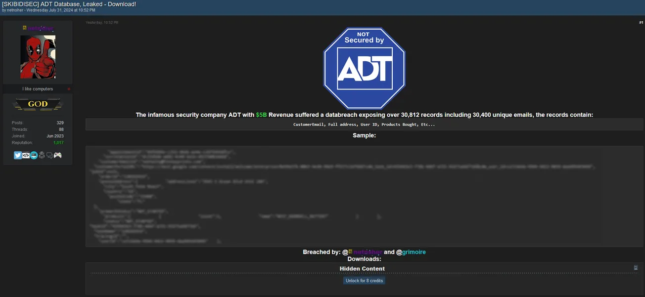 A Threat Actor has Allegedly Leaked a Database belonging to ADT