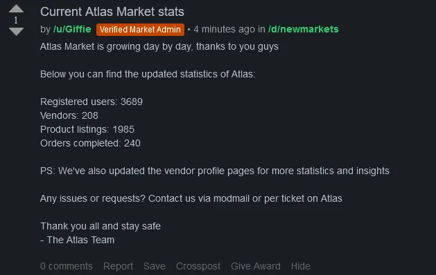 Atlas Market Admin Provides Updated Stats on their Darknet Market