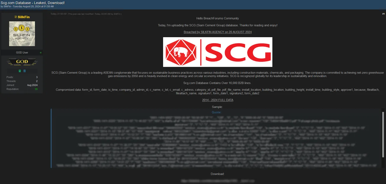 A Threat Actor has Allegedly Leaked a Database to Siam Cement Group (SCG)