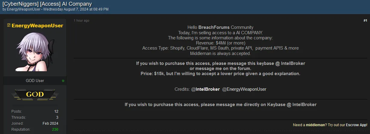 EnergyWeaponUser and IntelBroker are Allegedly Selling Access to an AI Company