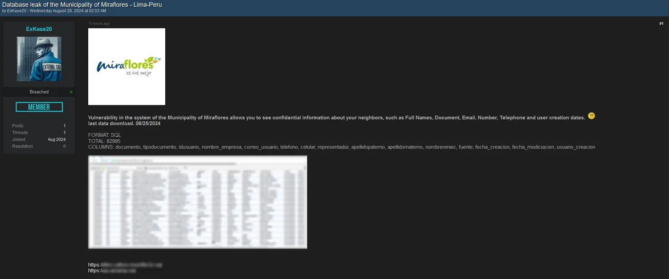 A Threat Actor Has Allegedly Leaked the Database of District Municipality of Miraflores
