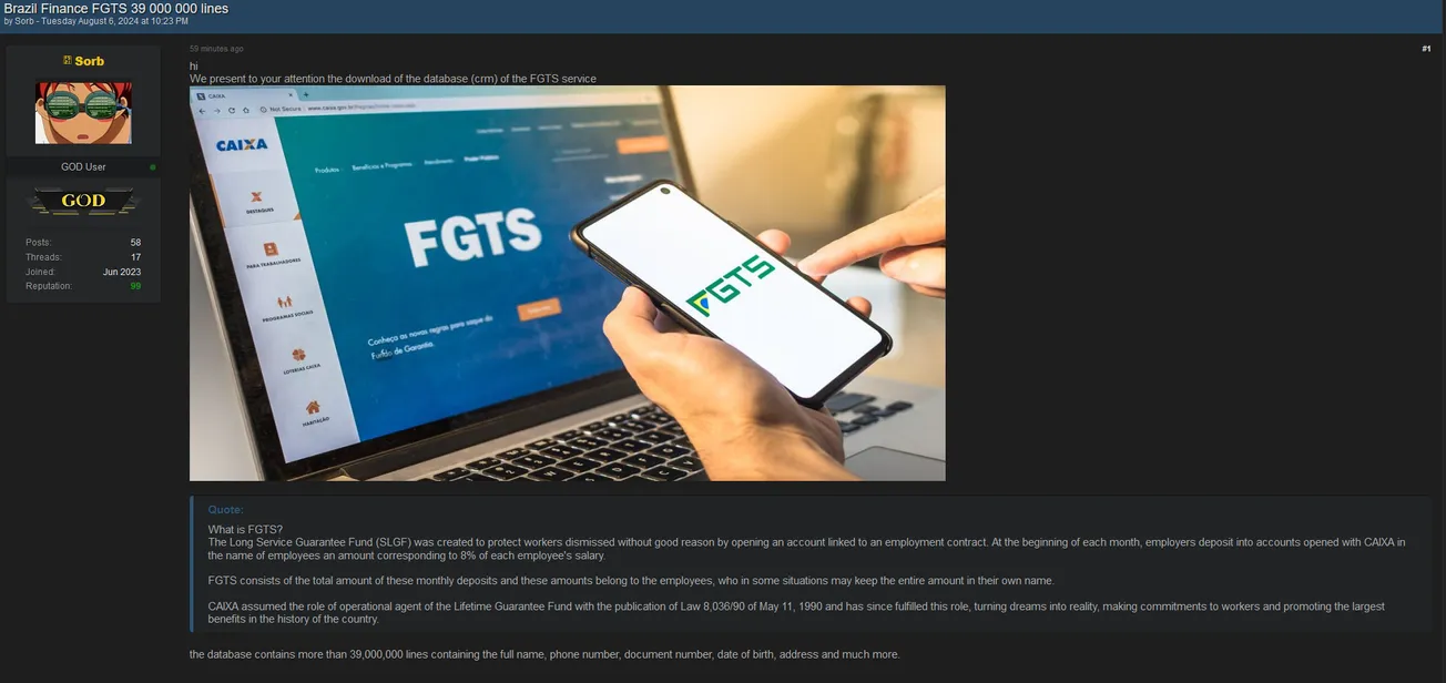 A Threat Actor is Allegedly Selling 39 Million Lines of Data Belonging to Brazil Finance FGTS