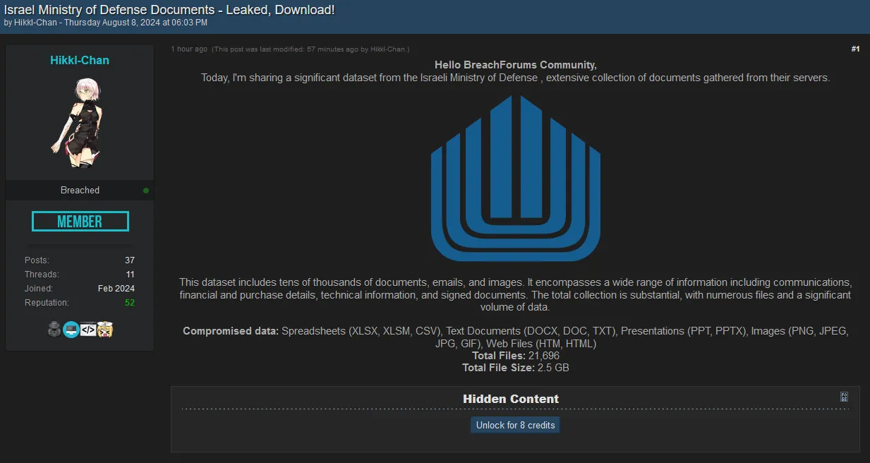 A Threat Actor Has Allegedly Leaked Documents Belonging to the Israel Ministry of Defense