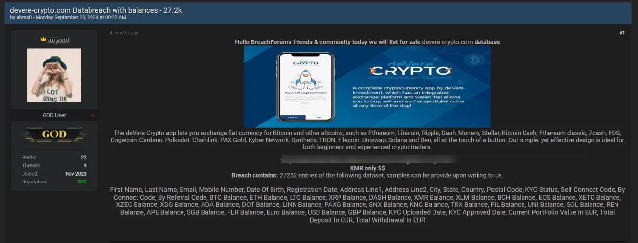 A Threat Actor has Allegedly Leaked the Database of deVere Crypto