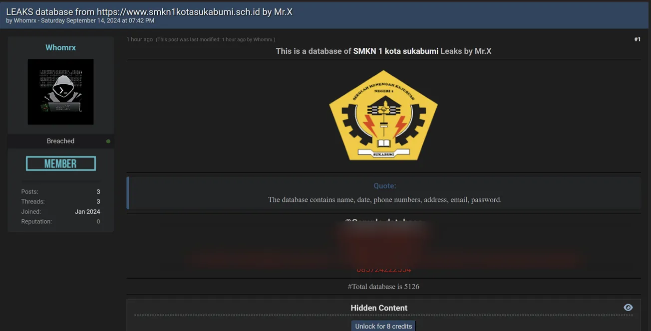 🚨A Threat Actor has Allegedly Leaked the Database of SMK Negeri 1 Kota Sukabumi