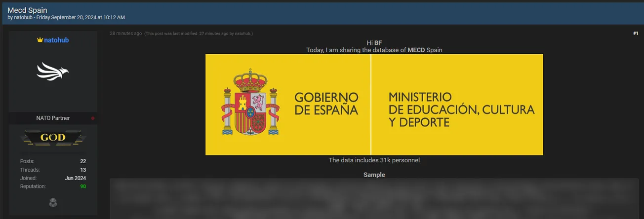 A Threat Actor Allegedly Leaked the Database of Ministry of Education Spain