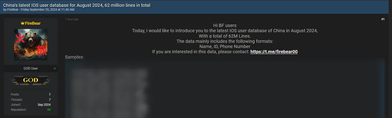 A Threat Actor Allegedly is Selling Data of China's iOS Users