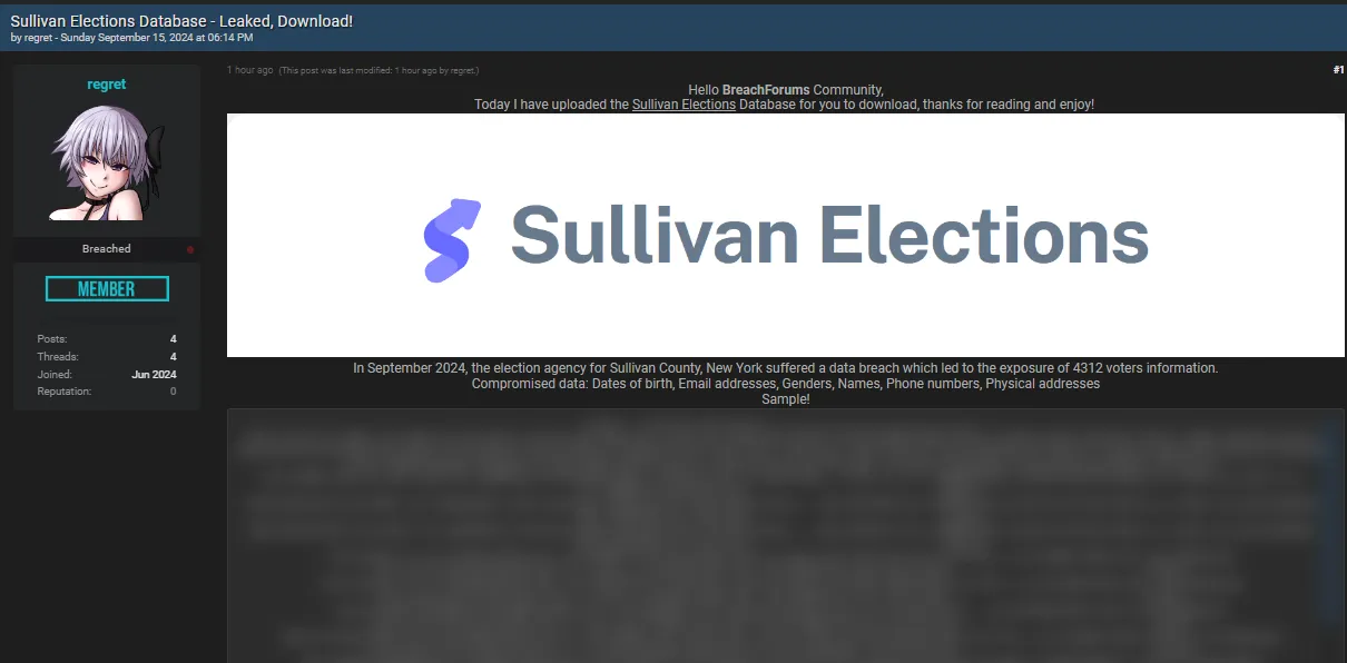 A Threat Actor Allegedly Has Leaked the Data of Sullivan Elections