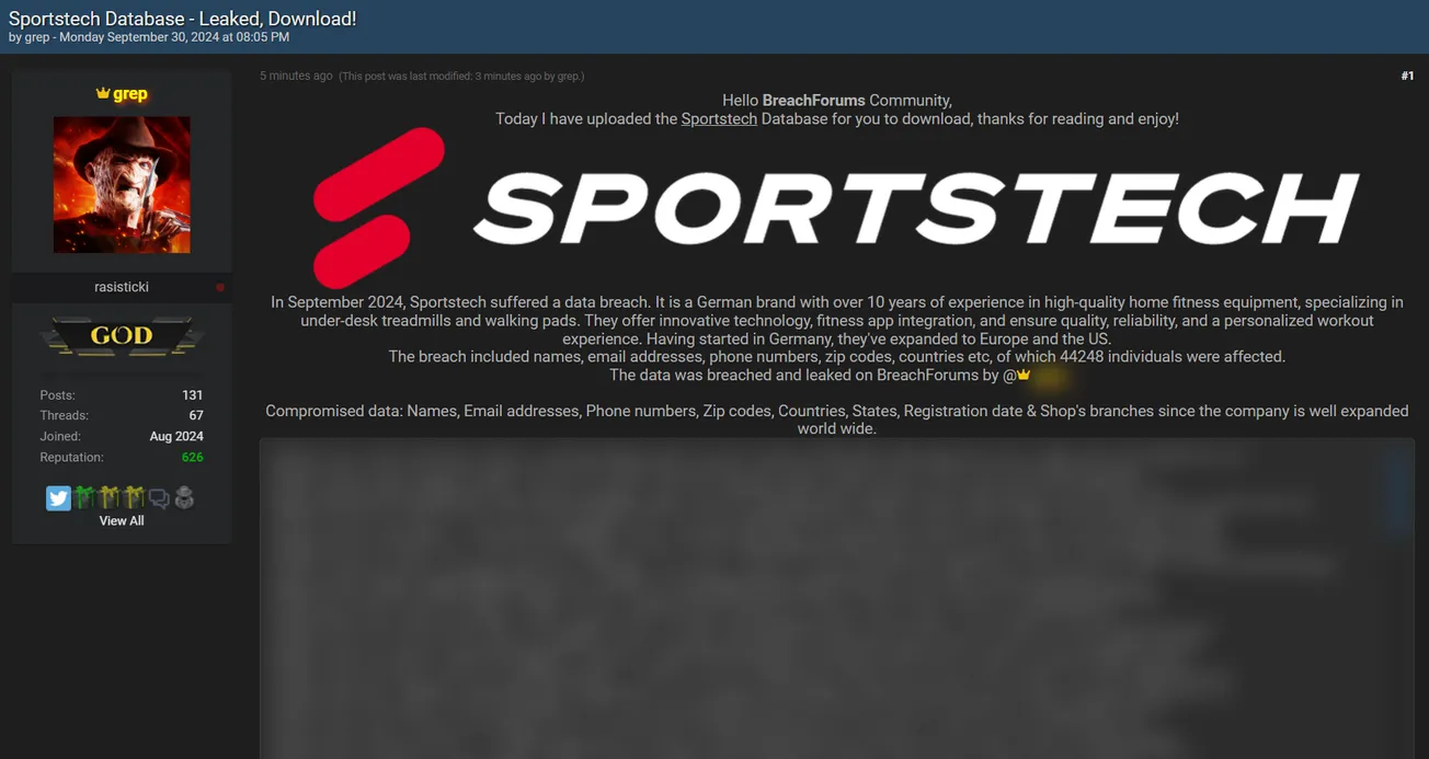 grep Allegedly Leaked the Sportstech Database