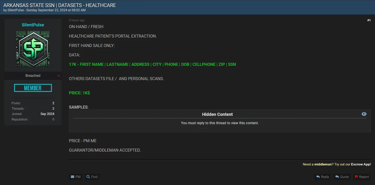 A Threat Actor is Allegedly Selling Arkansas USA SSN Data