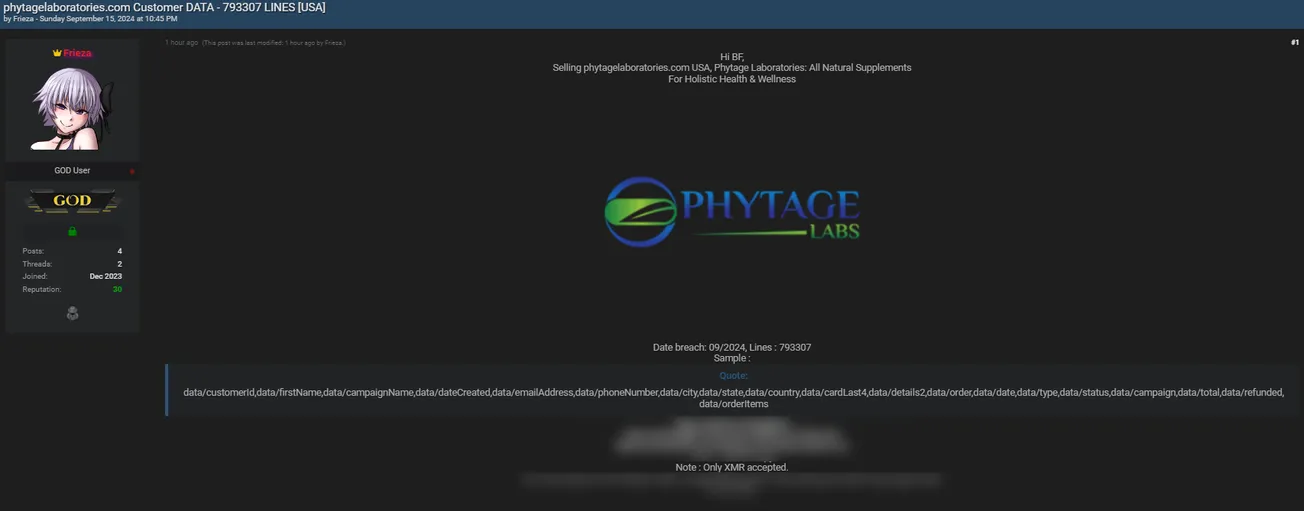 A Threat Actor is Allegedly Selling Data of Phytage Labs