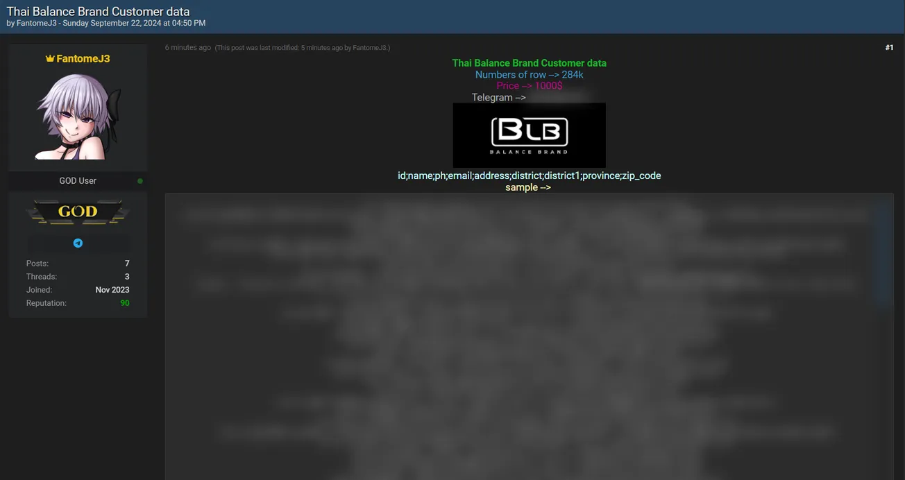 A Threat Actor is Allegedly Selling Balance Brand Customer Data