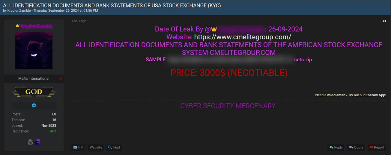 A Threat Actor is Allegedly Selling the Data of Capital Markets Elite Group