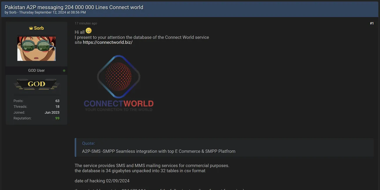 A Threat Actor is Allegedly Selling Data Belonging to Connect World