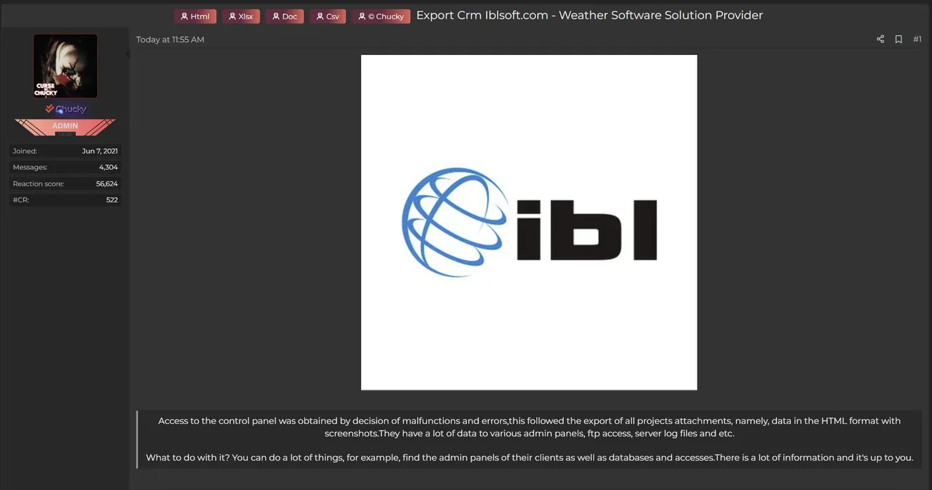 Chucky has Allegedly Leaked the Exported CRM Data from IBL Software Engineering