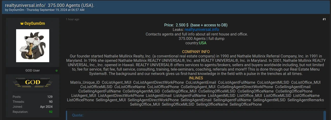 A Threat Actor is Allegedly Selling the Database and Access to REALTY UNIVERSAL