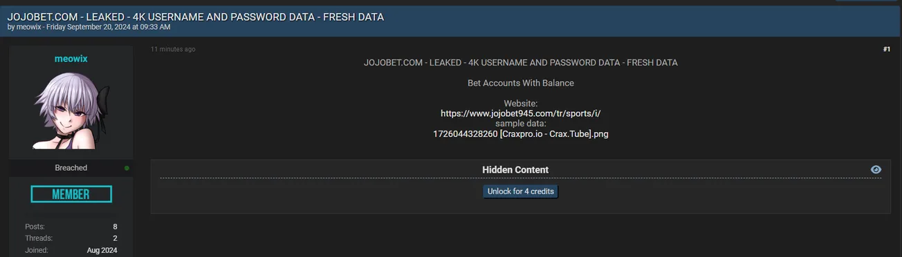 A Threat Actor Allegedly Leaked Data of Jojobet