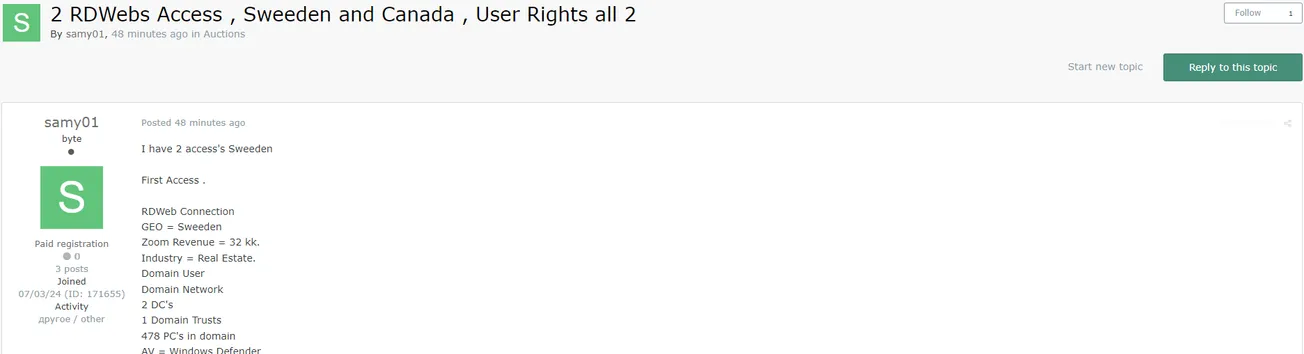 A Threat Actor is Allegedly Selling RDWeb Access to an Unidentified Sweden Company