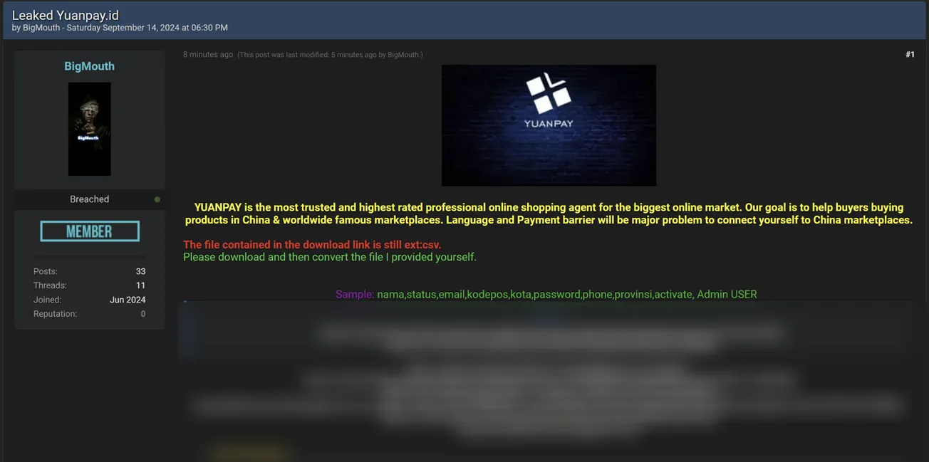 A Threat Actor has Allegedly Leaked the Database of Yuanpay Indonesia