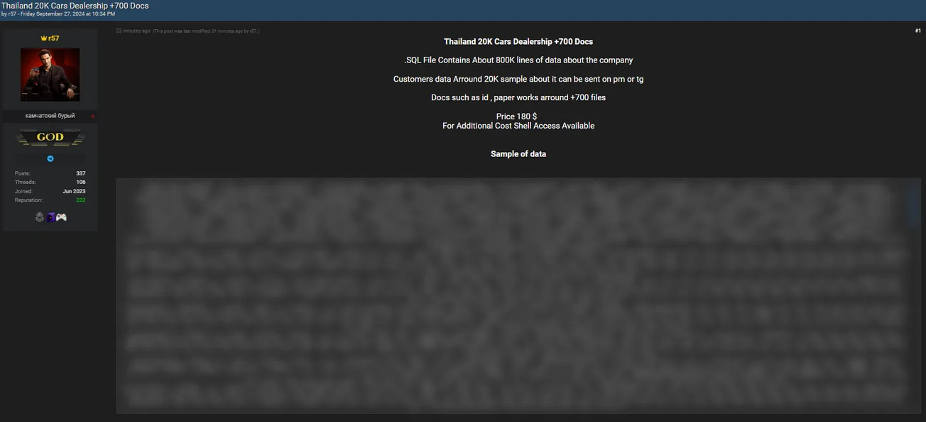 A Threat Actor Allegedly is Selling Data of an Unidentified Car Dealership Company in Thailand