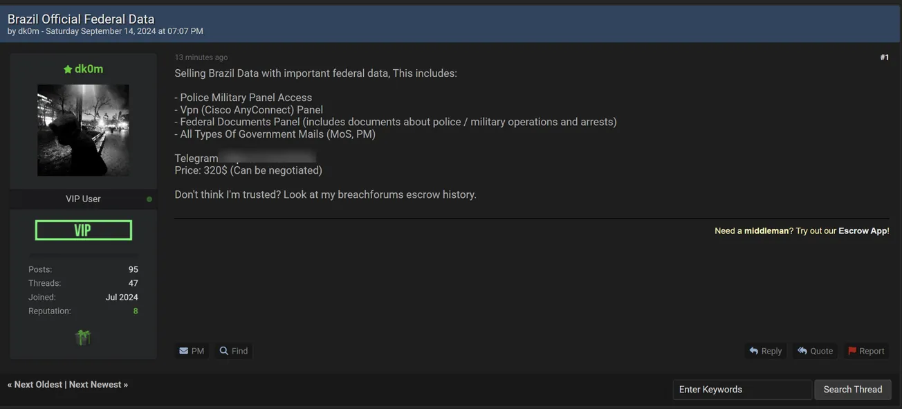 🚨A Threat Actor is Allegedly Selling Access of Brazil Official Federal