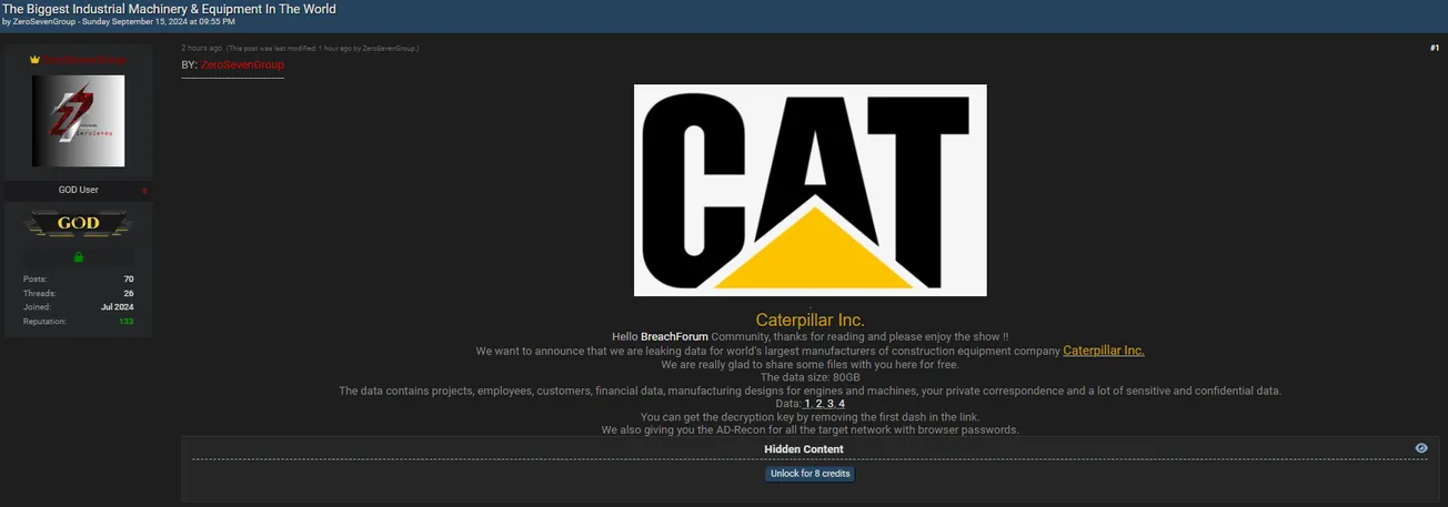 ZeroSevenGroup Allegedly Leaked Data of Caterpillar Inc