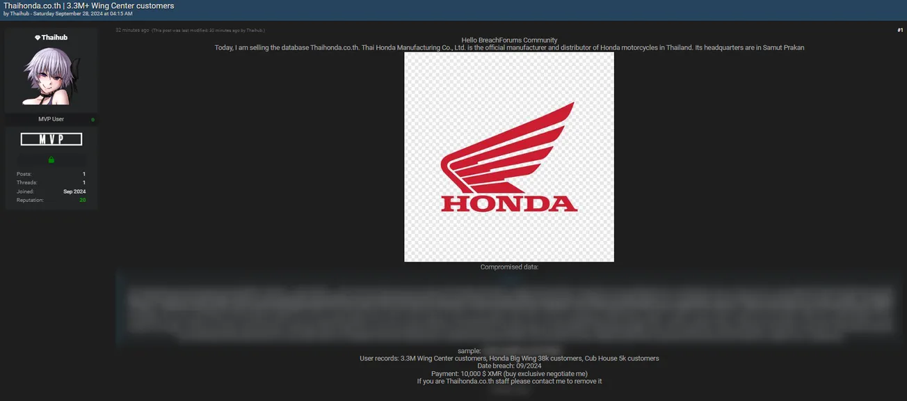 A Threat Actor is Allegedly Selling Data of Thai Honda