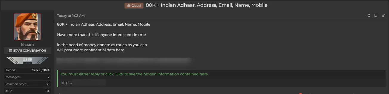 A Threat Actor Allegedly Leaked Data of Indian Citizens