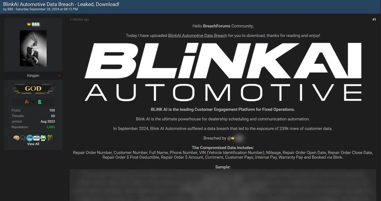 888 Allegedly Has Leaked the Data of BLiNK AI Automotive