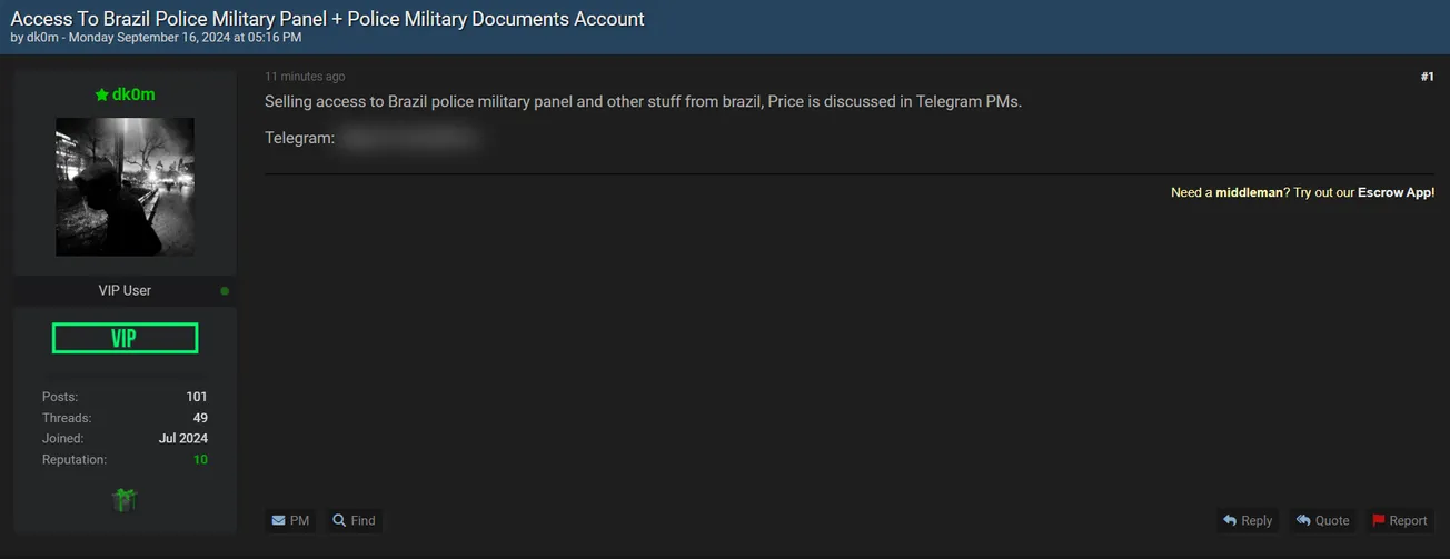 A Threat Actor is Allegedly Selling Access to a Brazil Police Military Panel and Document Accounts