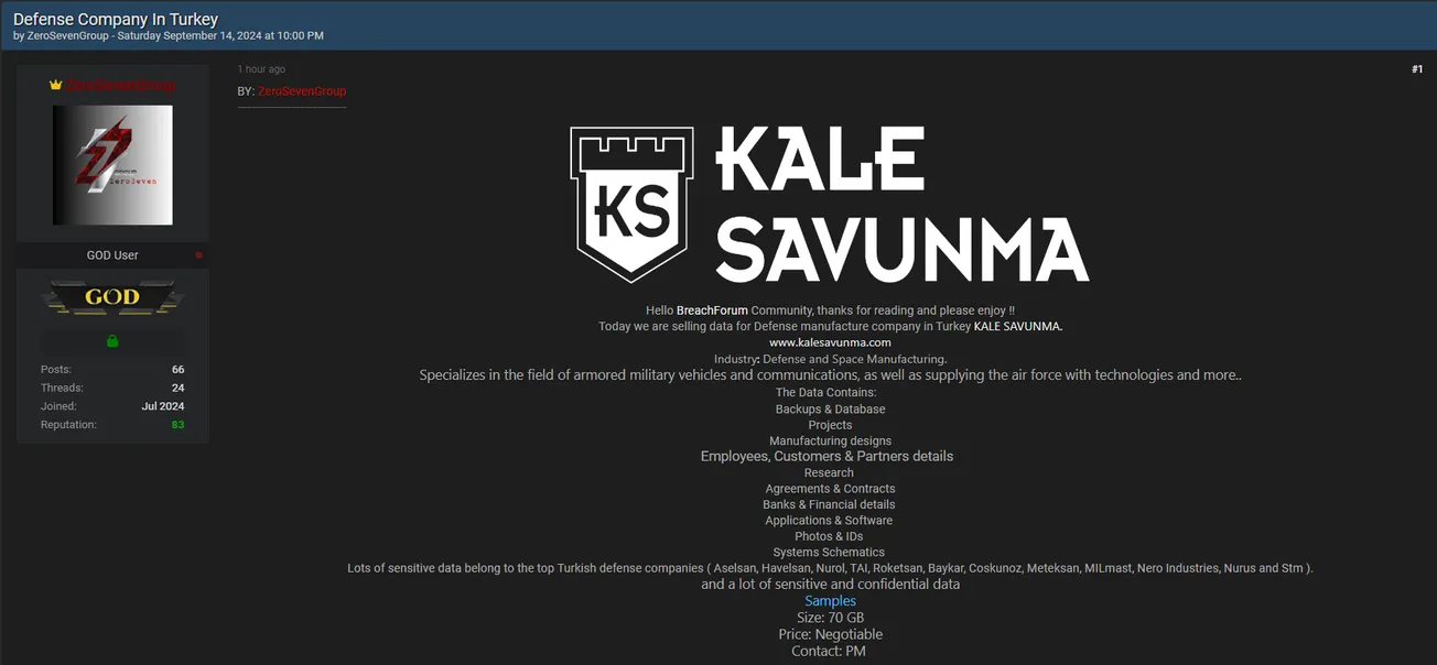 ZeroSevenGroup is Allegedly Selling the Database of KALE SAVUNMA