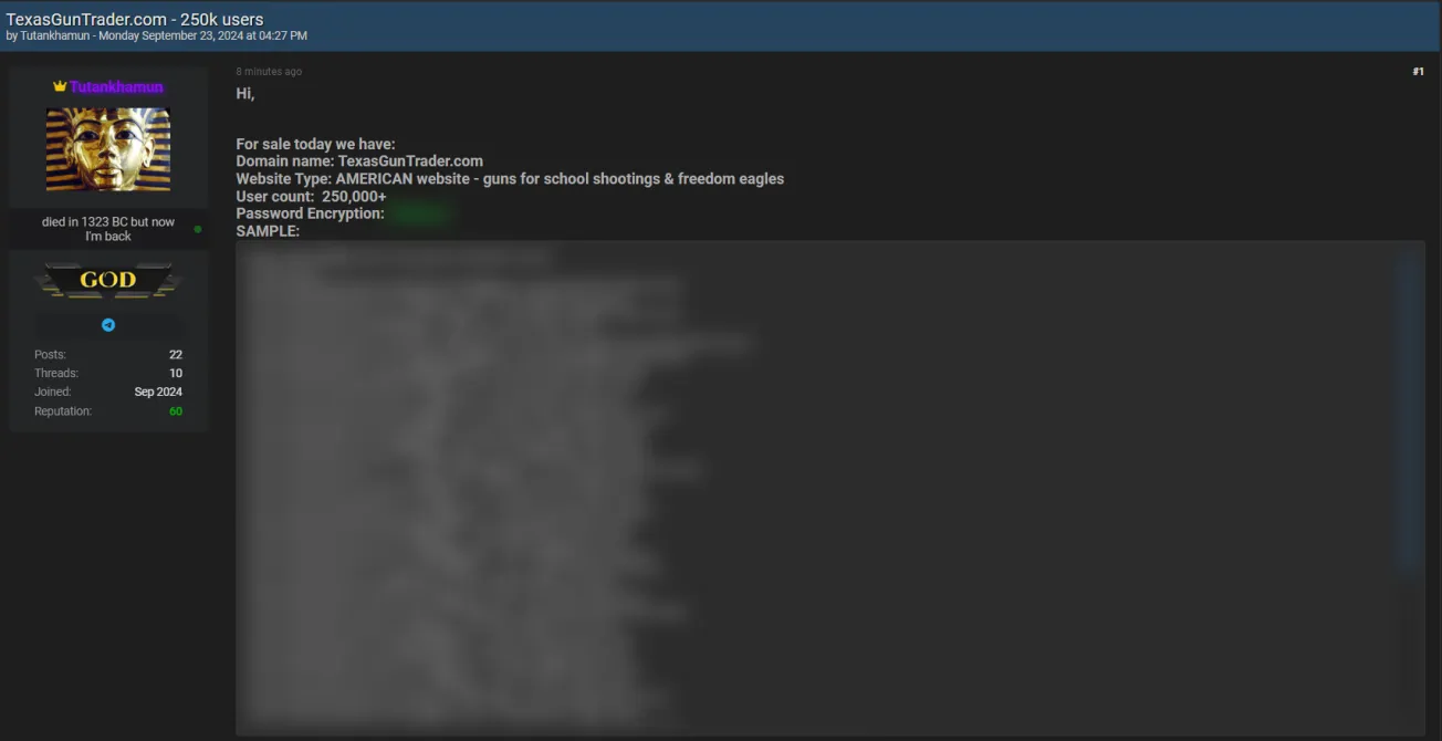 A Threat Actor is Allegedly Selling Texas Gun Trader Users Data