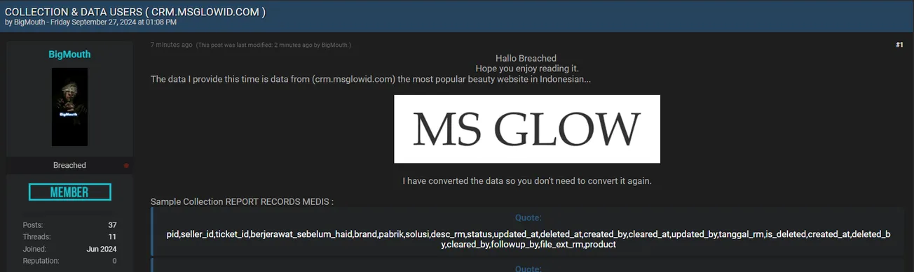 A Threat Actor has Allegedly Leaked Data of MS GLOW Beauty