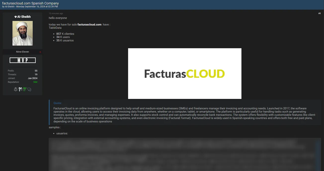 A Threat Actor is Allegedly Selling a Database of Facturas Cloud