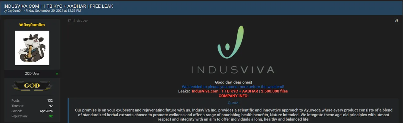 A Threat Actor Allegedly Leaked the Data of IndusViva