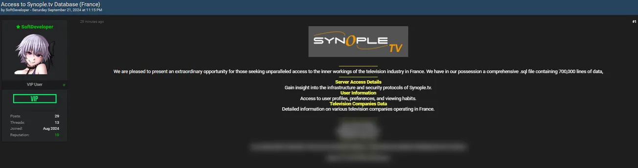 A Threat Actor Allegedly is Selling the Data and Server Access to Synople TV