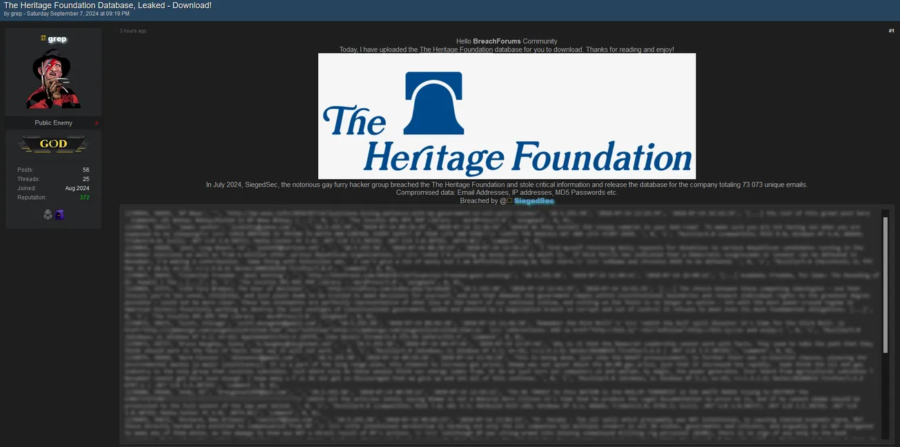 grep Has Leaked The Heritage Foundation Database that was Breached by SiegedSec