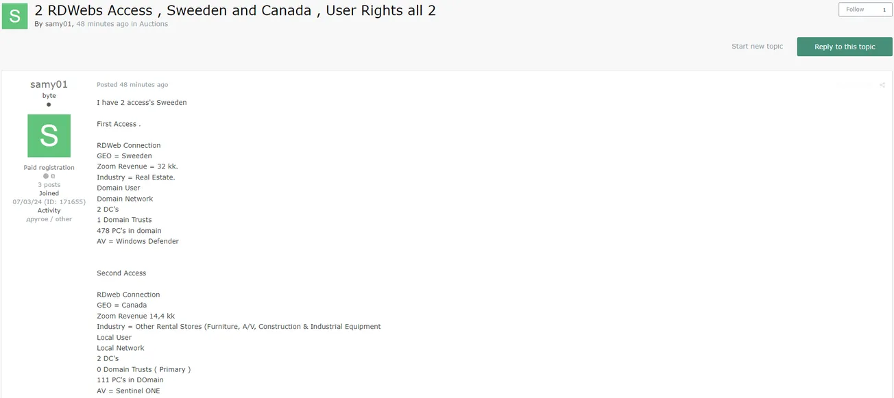 A Threat Actor Allegedly is Selling RDWeb Access to an Unidentified Canadian Company