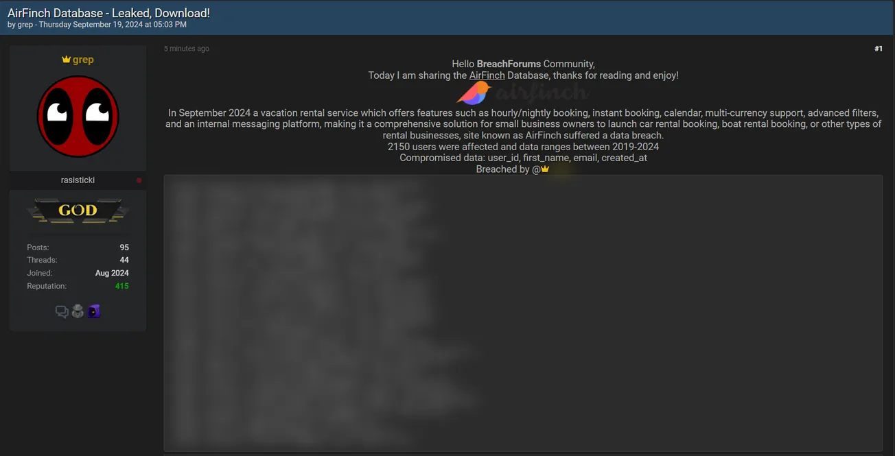 A Threat Actor Allegedly Leaked the Database of AirFinch