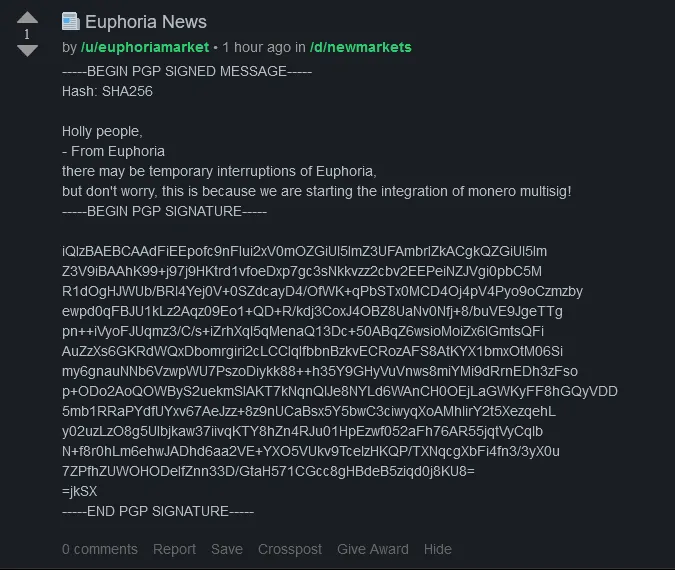 Euphoria Market has Announced Interruptions due to Integrating Monero Multisig