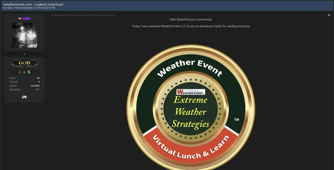 A Threat Actor has Allegedly Leaked Data of Weather Event
