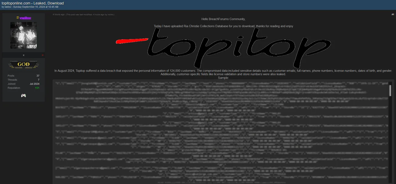 🚨A Threat Actor has Allegedly Leaked Data of Topitop