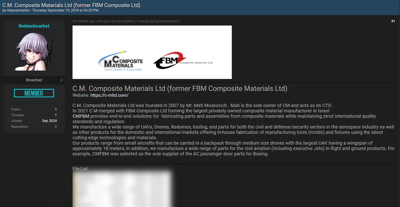 A Threat Actor has Allegedly Leaked C.M. Composite Materials Ltd Database