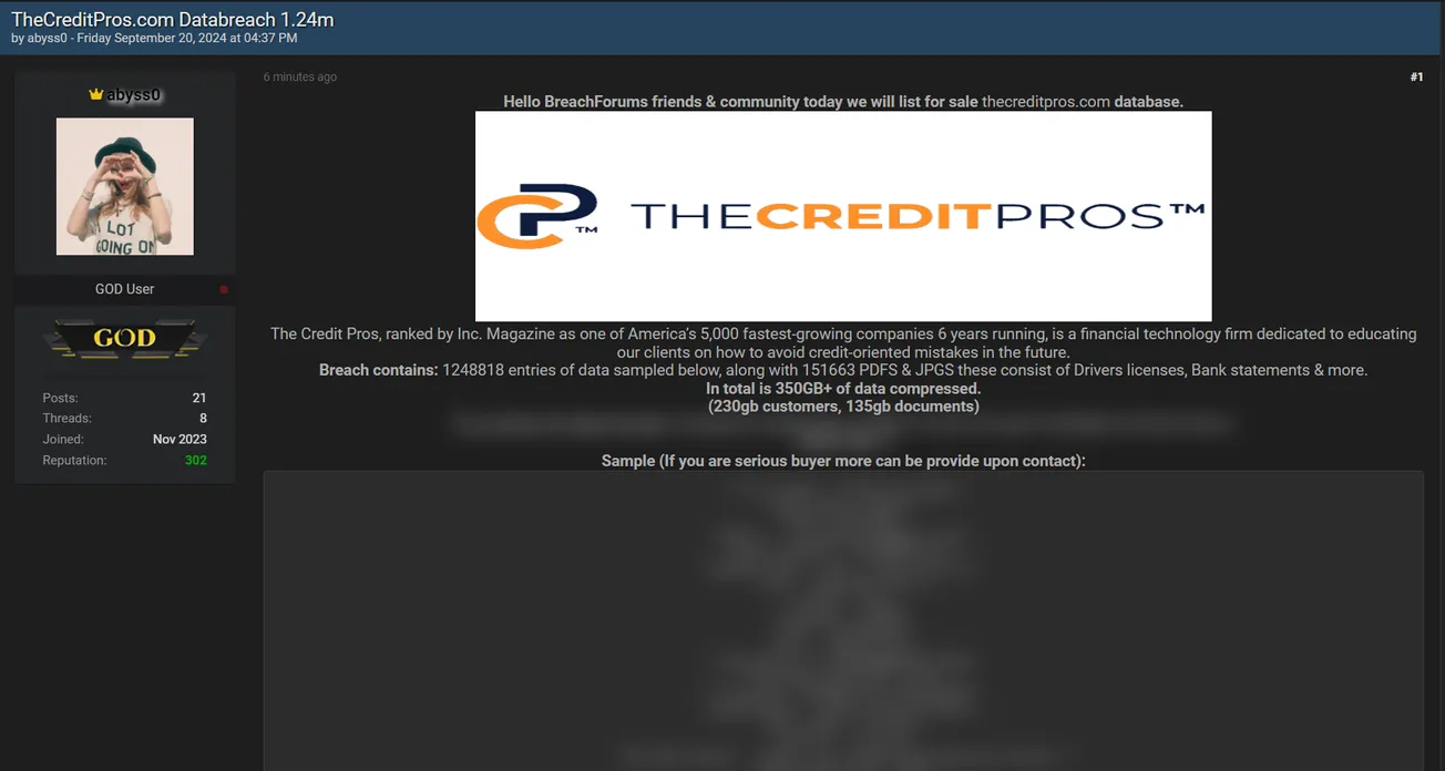 A Threat Actor is Allegedly Selling The Credit Pros Database